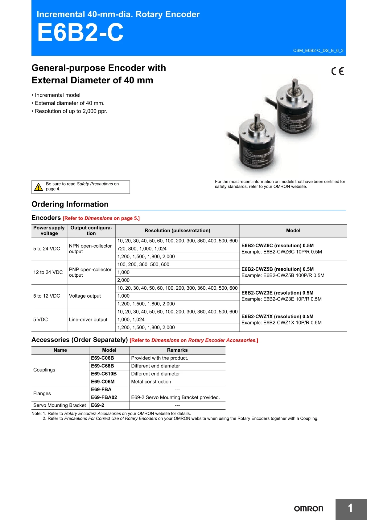 OMRON Rotary Encoder E6B2-CWZ6C 100P/R 200P/R 300P/R 360P/R 500P/R 600P/R 1000P/R 1024P/R 2000P/R Incremental Encoder