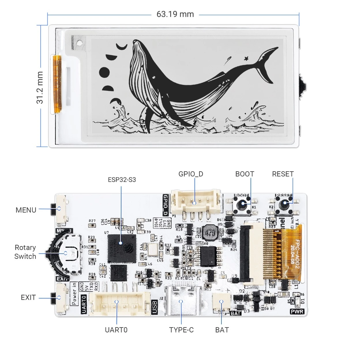 CrowPanel ESP32 2.13” E-paper HMI Display 122*250 Black/White Color Driven By SPI Interface for Arduino /ESP/MicroPython