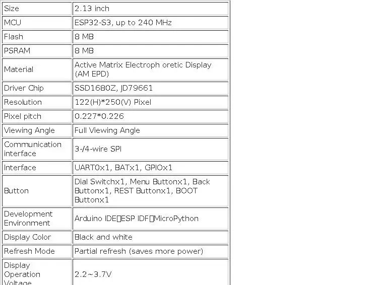 CrowPanel ESP32 2.13” E-paper HMI Display 122*250 Black/White Color Driven By SPI Interface for Arduino /ESP/MicroPython