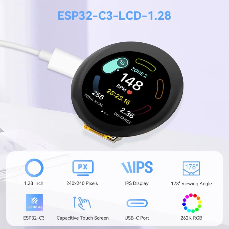 CrowPanel 1.28 inch Round IPS LCD Display Capacitive Touch SPI Screen 240*240 ESP32-C3 for LVGL/PlatformIO/Micro Python