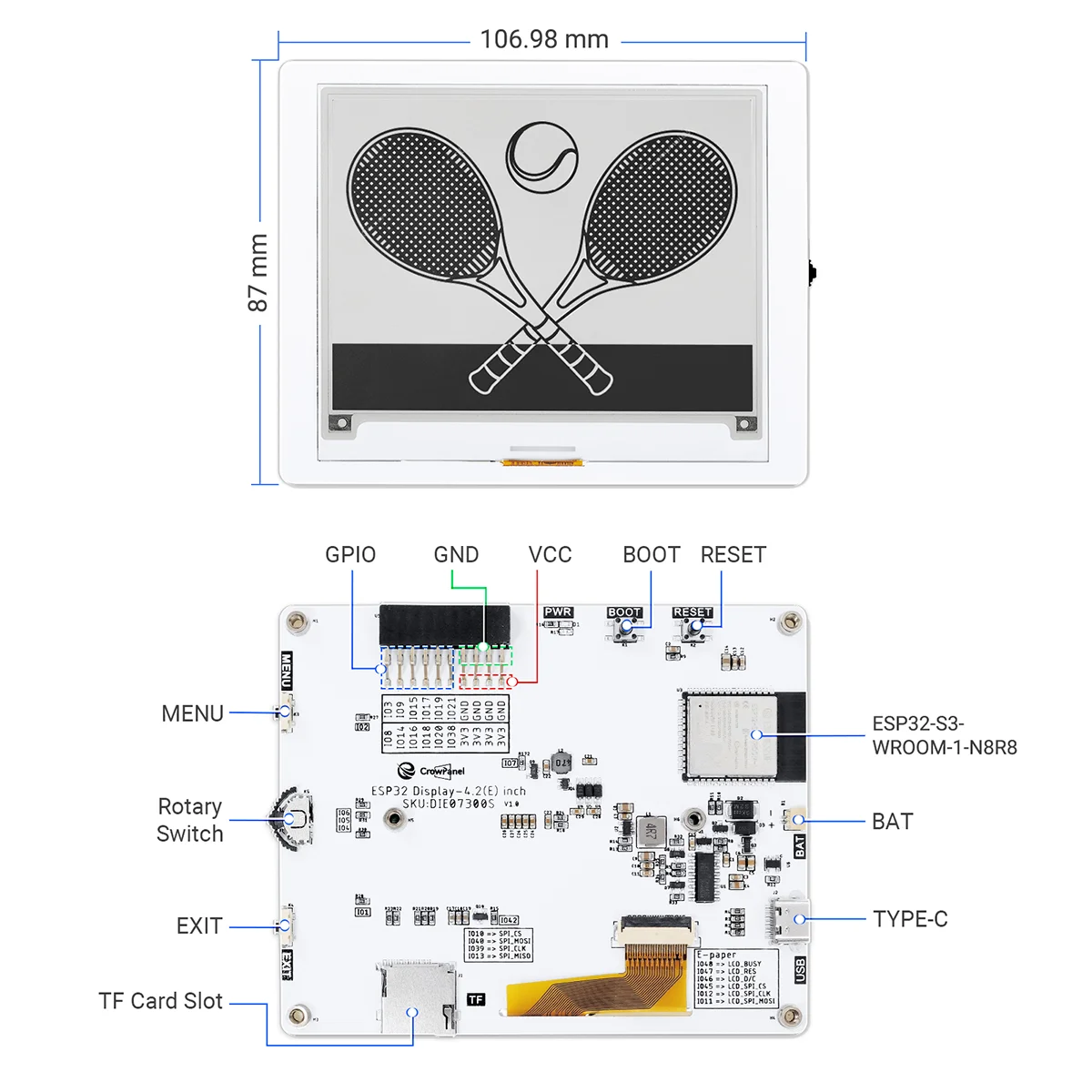 CrowPanel ESP32 4.2” E-paper HMI Display 400*300 Black/White Color Driven By SPI Interface for Arduino /ESP/MicroPython
