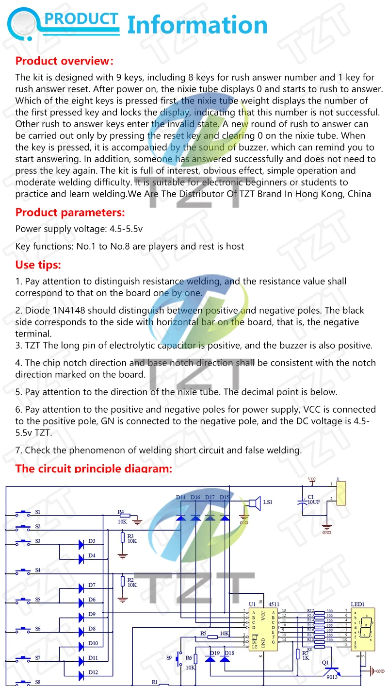 Eight Person Responder Diy Kit 8 Channel Answering Teaching Practice Welding CD4511 8Bit Answer Device Suite Electronic Training