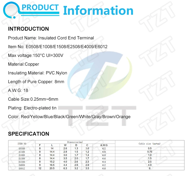 100pcs TZT TENG E0508 E2508 Tubular Wire Cold Pressure Connector Electrical Cable Crimps Wire Ferrules 22AWG Wire