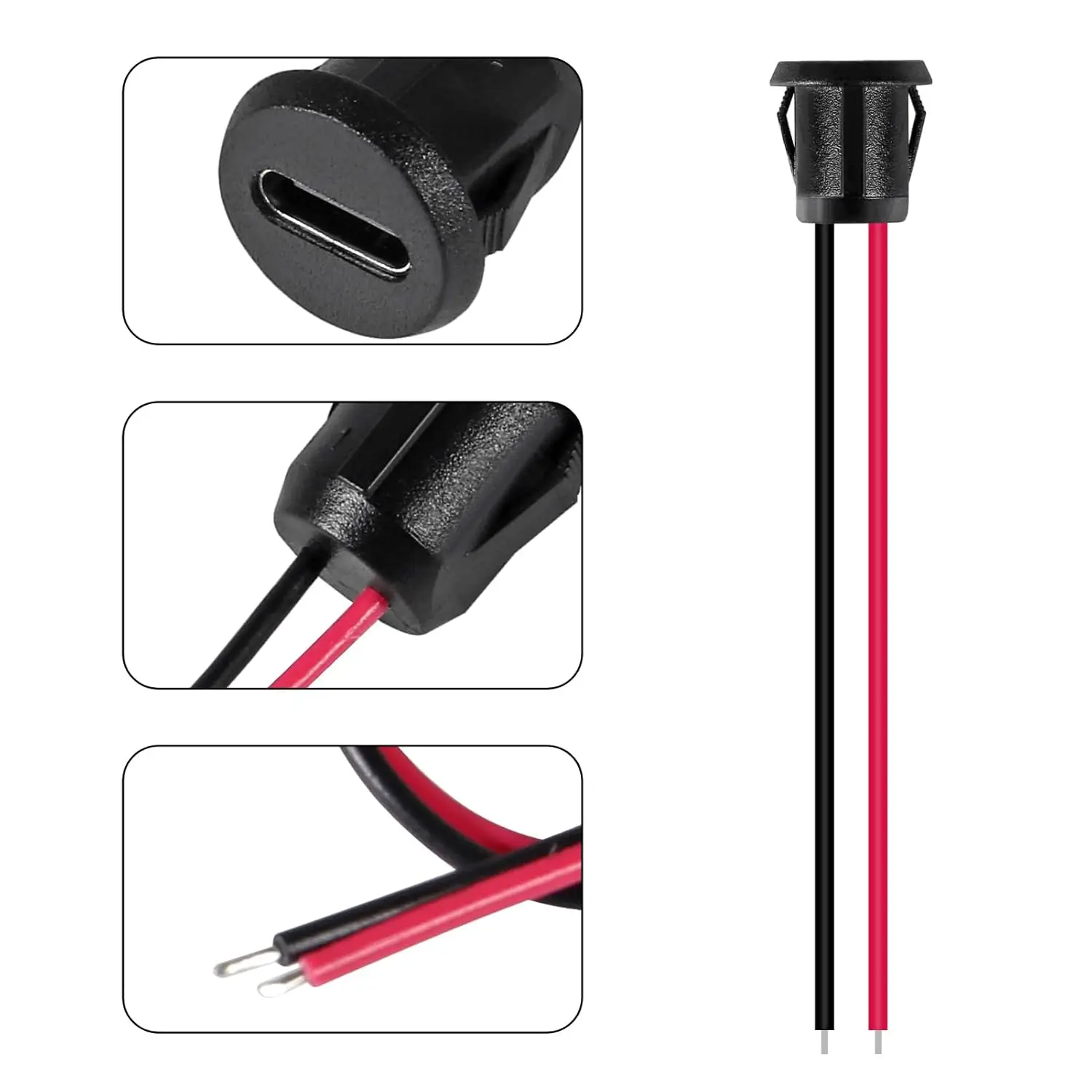 8pcs 10cm 24AWG USB 2pin Black Type-C Female Chassis C Connector Jack Female Charging Port Waterproof with Card Buckle 3A High