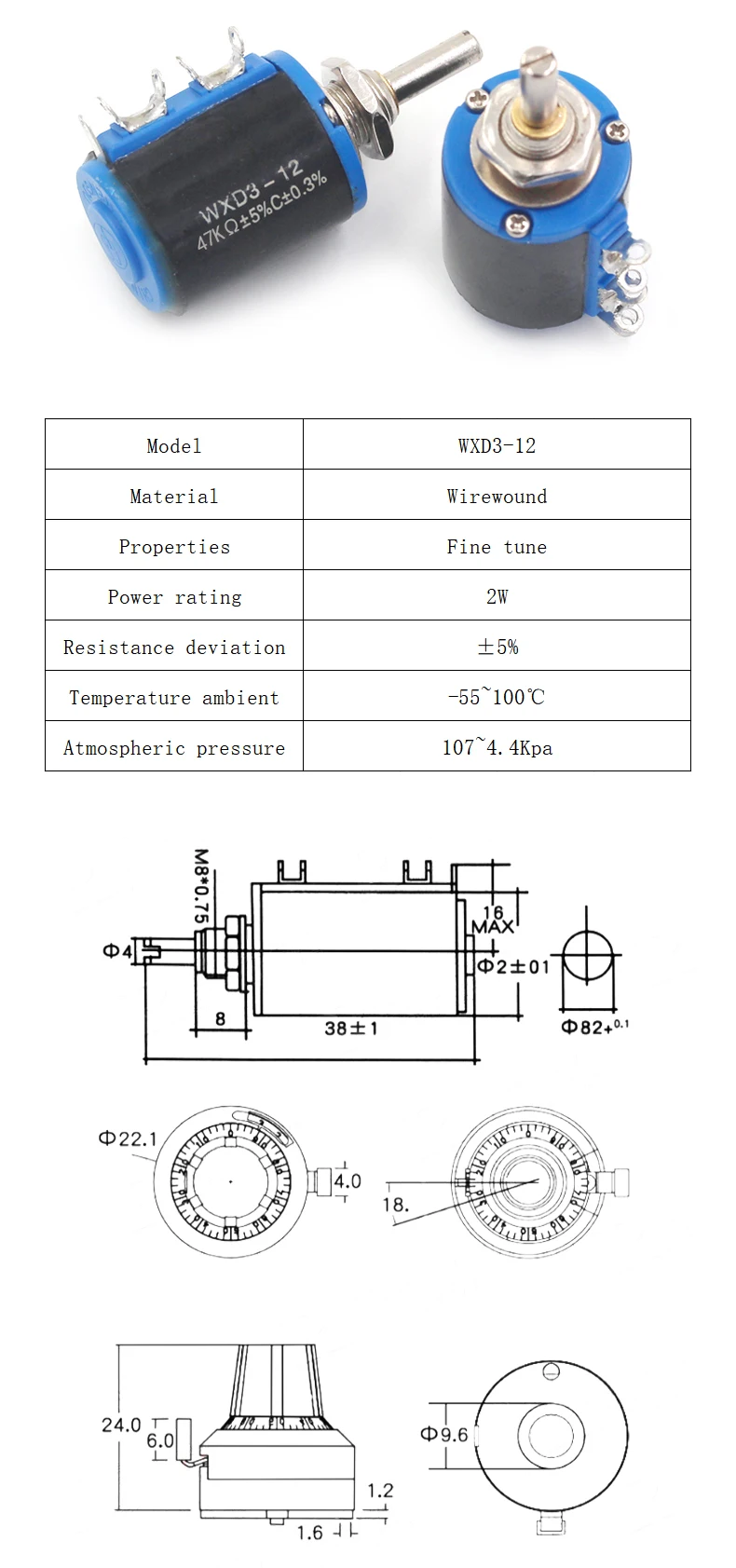 1PCS WXD3 WXD3-12 Potentiometer Wirewound Multi-Turn 100R 200R 220R 470R 1K 2.2K 3.3K 4.7K 6.8K 10K 22K 33K 47K without knob