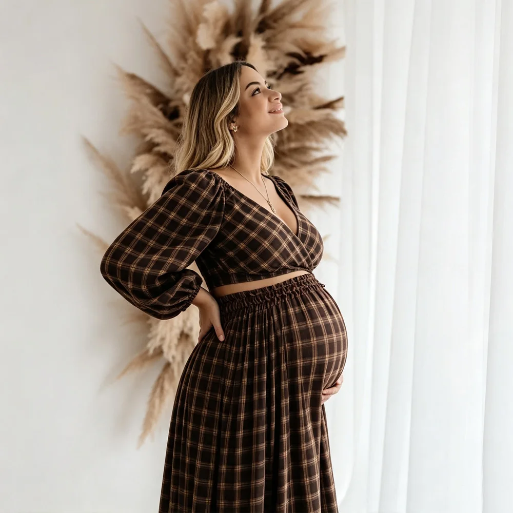 Maternity Photoshoot Outfit Plaid Set Puff Long Sleeve Vintage Maternity Gown For Pregnancy Photo Shoot Women Party Dress