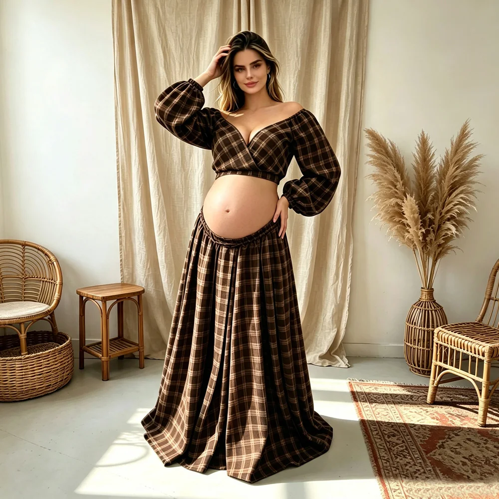 Maternity Photoshoot Outfit Plaid Set Puff Long Sleeve Vintage Maternity Gown For Pregnancy Photo Shoot Women Party Dress