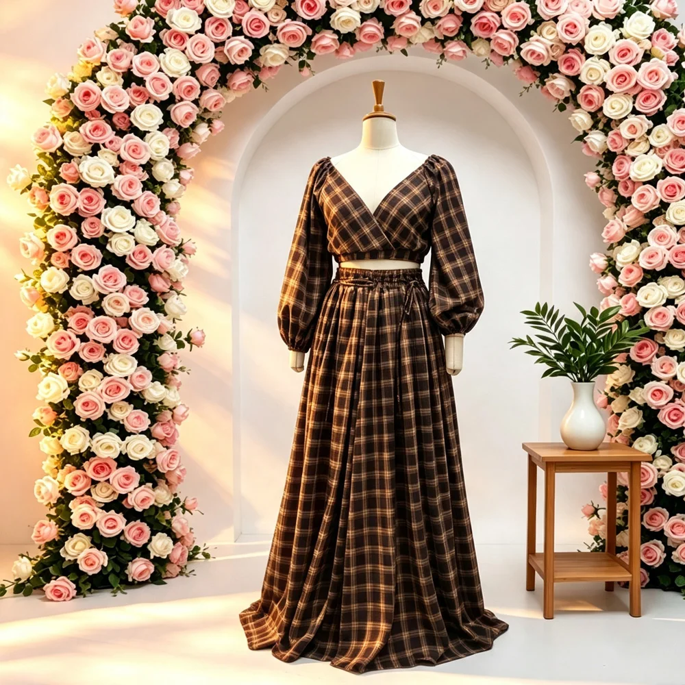 Maternity Photoshoot Outfit Plaid Set Puff Long Sleeve Vintage Maternity Gown For Pregnancy Photo Shoot Women Party Dress
