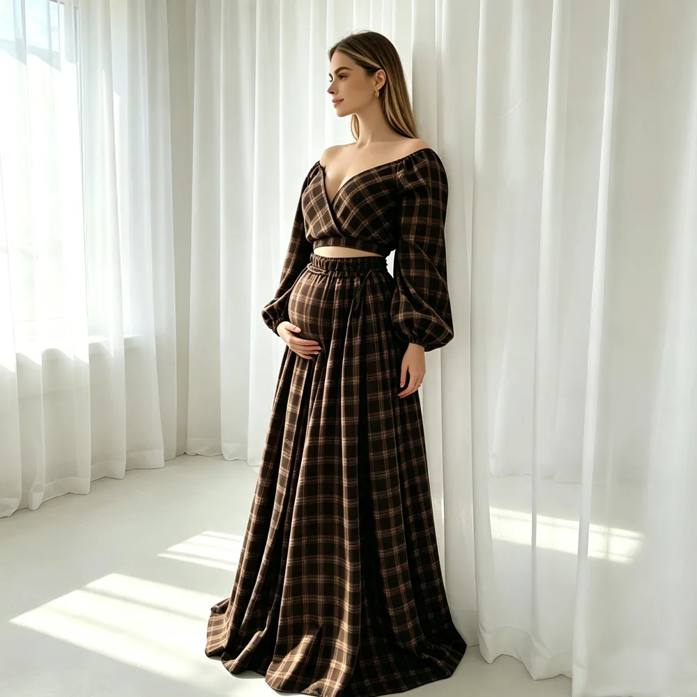 Maternity Photoshoot Outfit Plaid Set Puff Long Sleeve Vintage Maternity Gown For Pregnancy Photo Shoot Women Party Dress