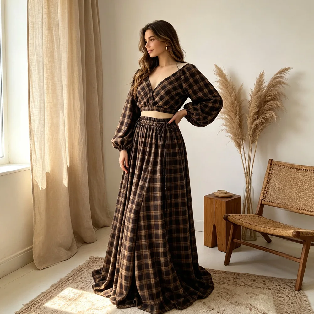 Maternity Photoshoot Outfit Plaid Set Puff Long Sleeve Vintage Maternity Gown For Pregnancy Photo Shoot Women Party Dress