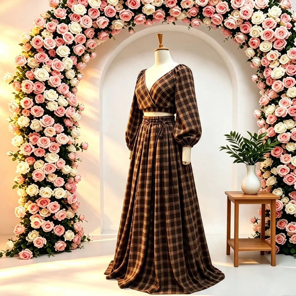 Maternity Photoshoot Outfit Plaid Set Puff Long Sleeve Vintage Maternity Gown For Pregnancy Photo Shoot Women Party Dress