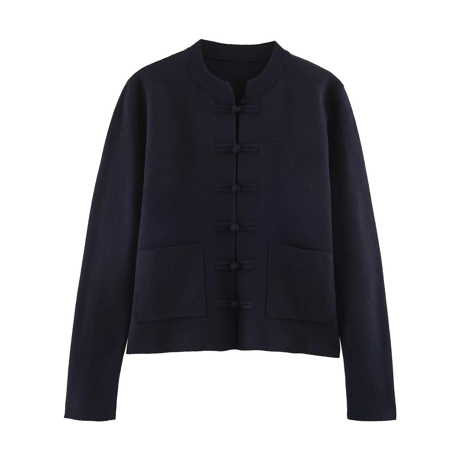 YENKYE New Women Navy Blue Frog Fastening Crop Cardigan  Stand-up Collar Long Sleeves With Pockets Short Knit Outerwear Vintage