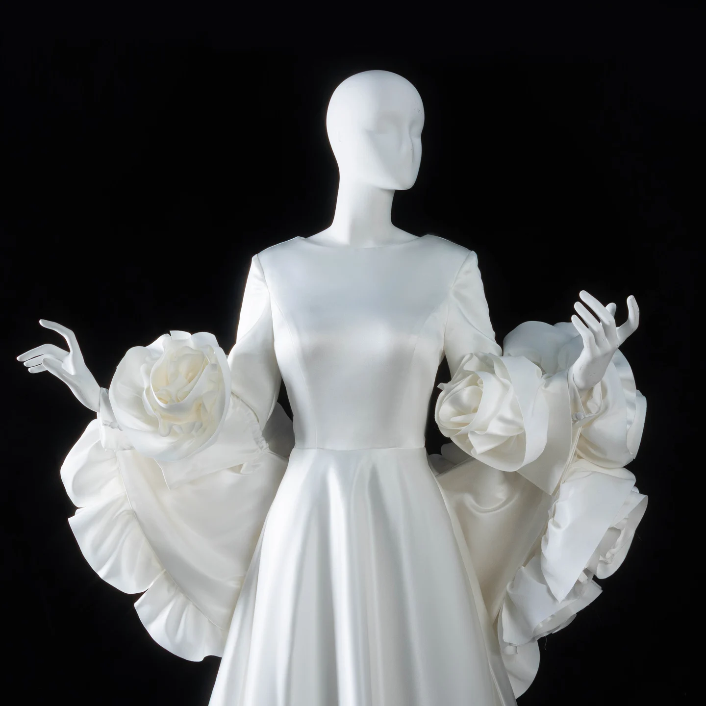 Sharon Said Satin Long Sleeve Wedding Dress with 3D Flowers Cape O-Neck Bridal Gowns with Train SS661Customized