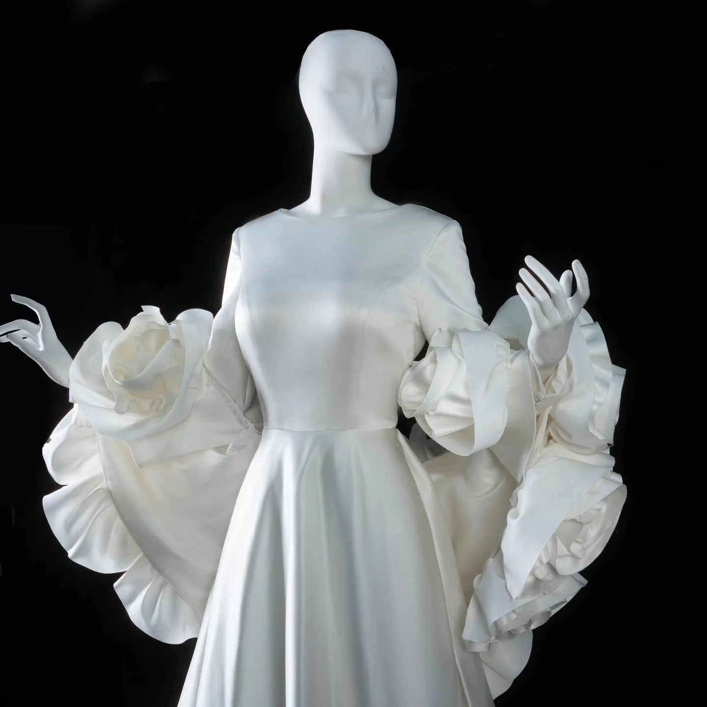 Sharon Said Satin Long Sleeve Wedding Dress with 3D Flowers Cape O-Neck Bridal Gowns with Train SS661Customized