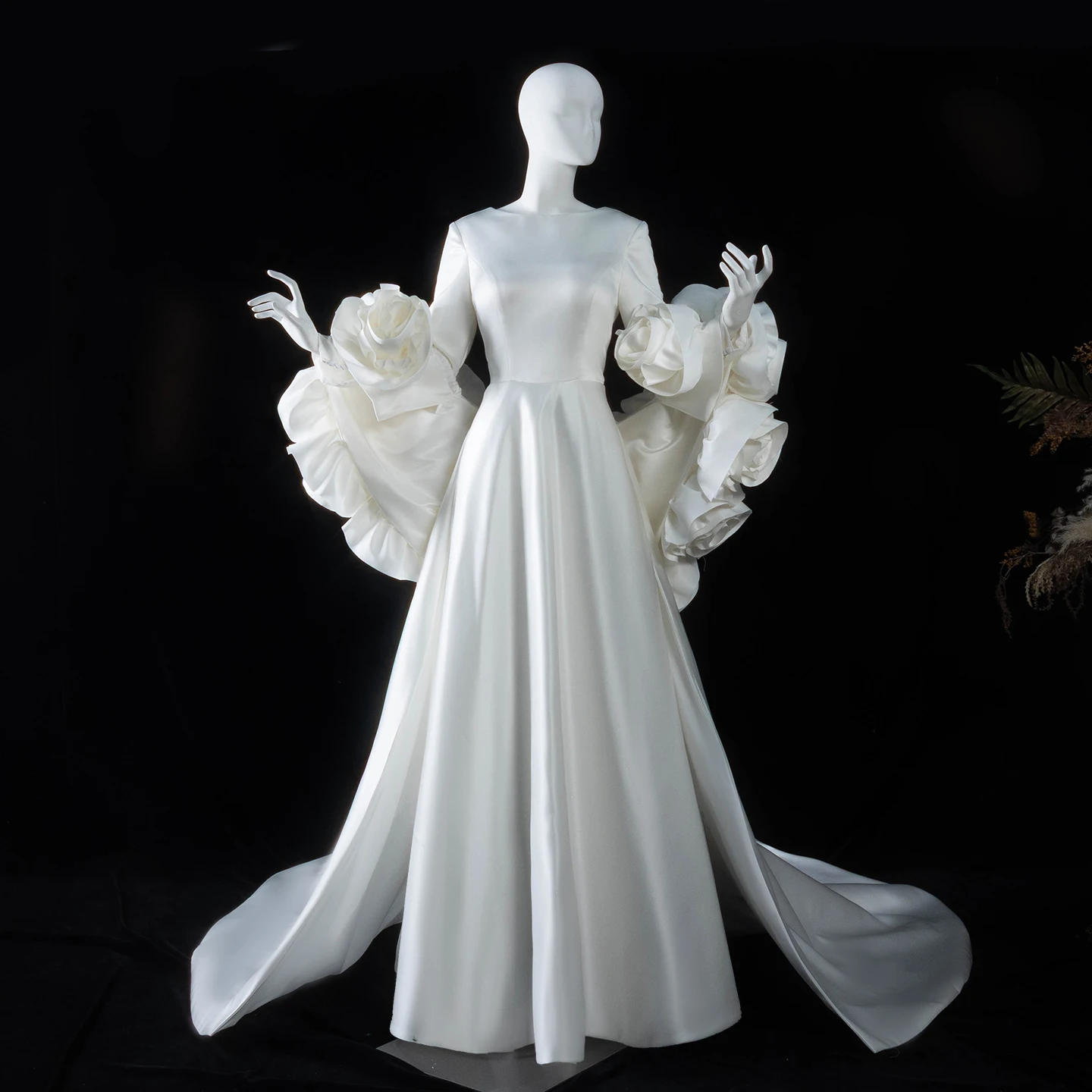 Sharon Said Satin Long Sleeve Wedding Dress with 3D Flowers Cape O-Neck Bridal Gowns with Train SS661Customized