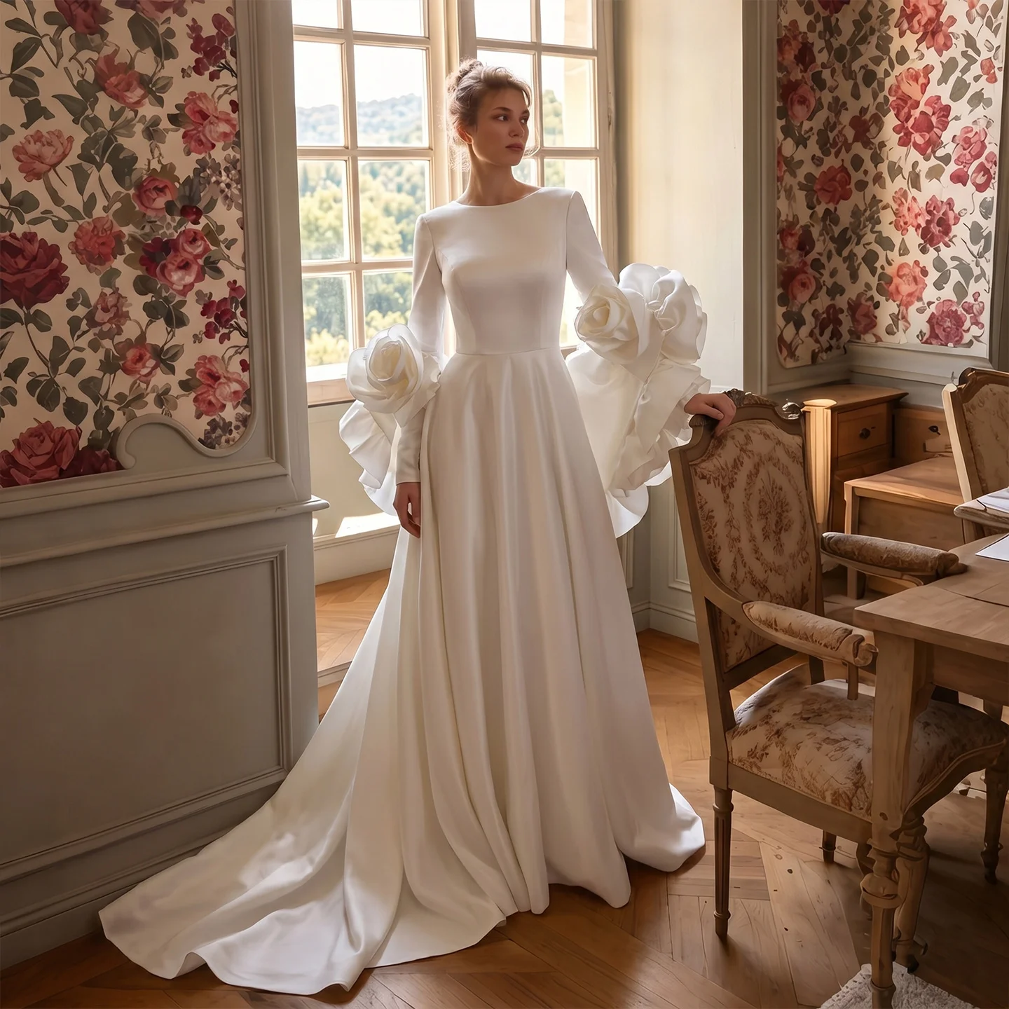 Sharon Said Satin Long Sleeve Wedding Dress with 3D Flowers Cape O-Neck Bridal Gowns with Train SS661Customized