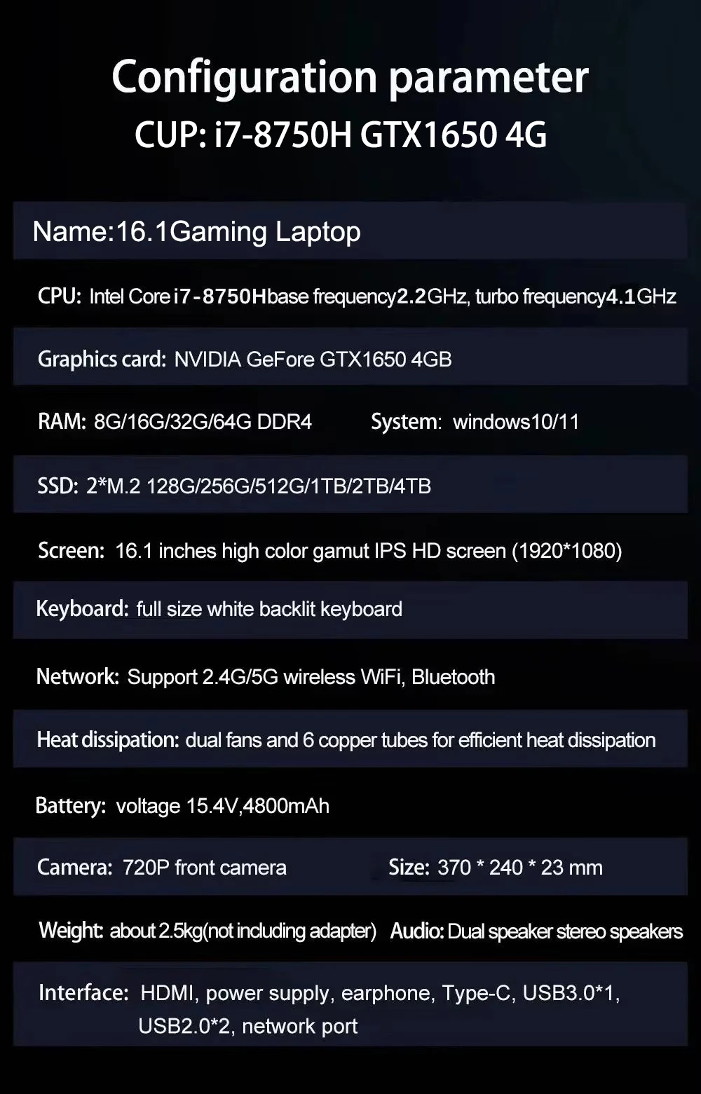 S6 16.1 Inch Gaming Laptop RTX 4050 6G Intel Core I9-13900H I7-8750H Windows 11 Pro Max 64GB 2*DDR5 2*M.2 4TB Office Computer