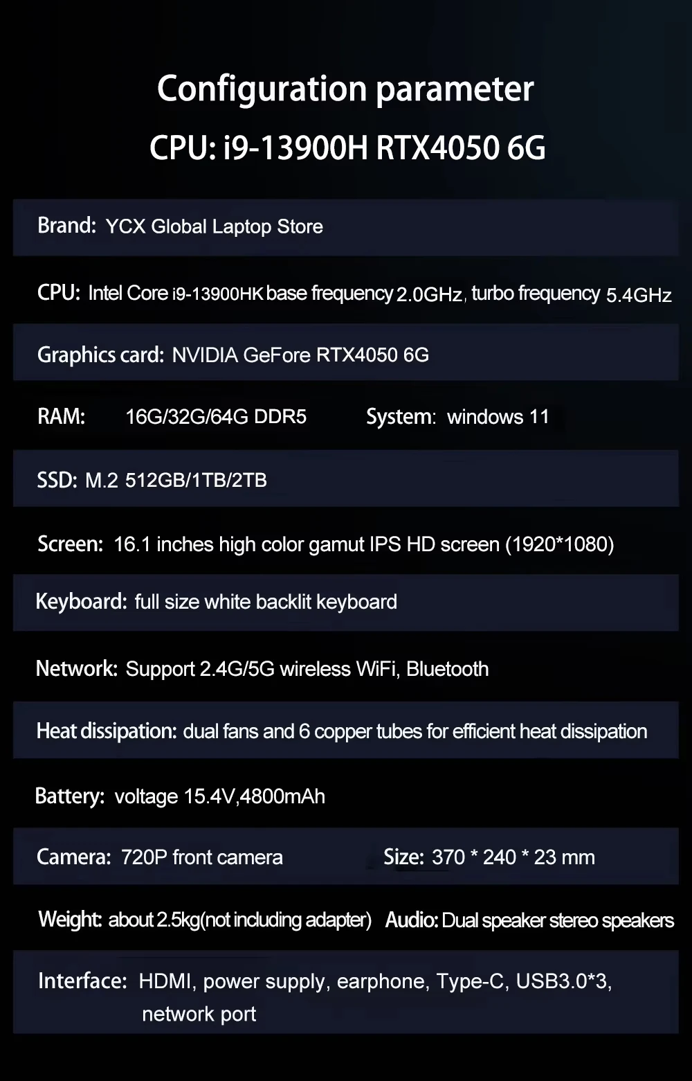 S6 16.1 Inch Gaming Laptop RTX 4050 6G Intel Core I9-13900H I7-8750H Windows 11 Pro Max 64GB 2*DDR5 2*M.2 4TB Office Computer