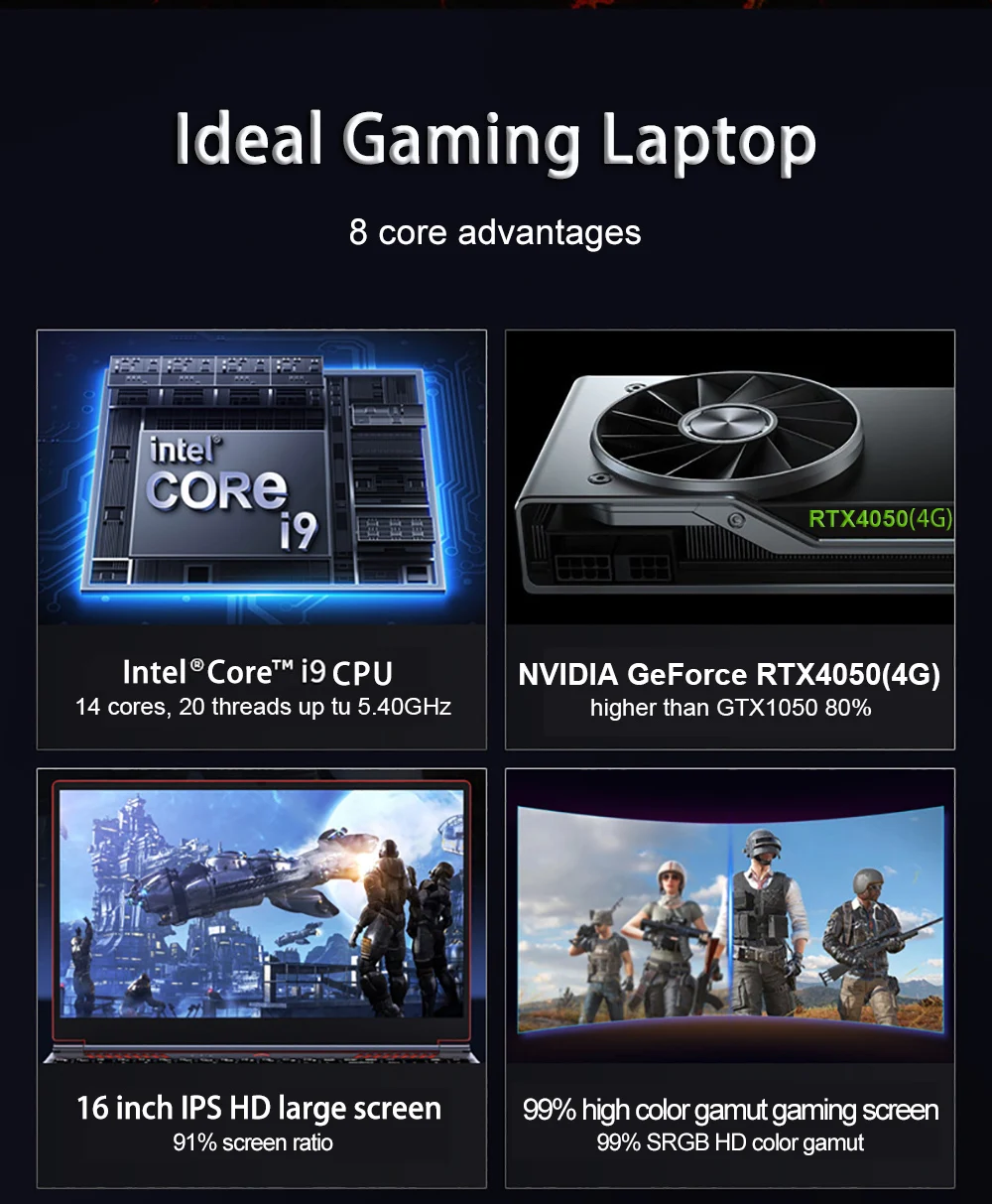 S6 16.1 Inch Gaming Laptop RTX 4050 6G Intel Core I9-13900H I7-8750H Windows 11 Pro Max 64GB 2*DDR5 2*M.2 4TB Office Computer