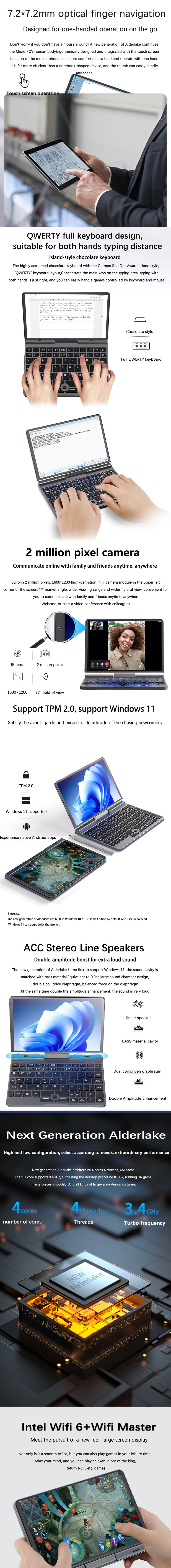 P8 Touch Screen Laptop 8 Inch Mini Notebook Intel N95 Quad 12GB LPDDR5 1TB 4800MHz Windows 11 Pro AX WiFi 6 BT5.2 RJ45 LAN