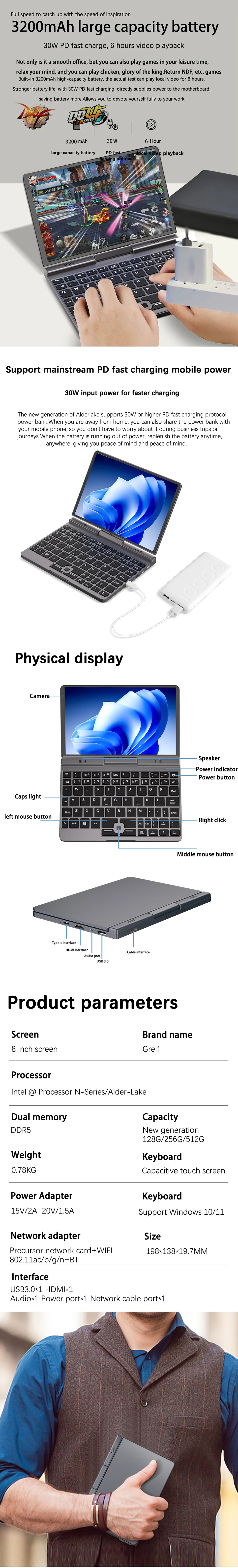 P8 Touch Screen Laptop 8 Inch Mini Notebook Intel N95 Quad 12GB LPDDR5 1TB 4800MHz Windows 11 Pro AX WiFi 6 BT5.2 RJ45 LAN