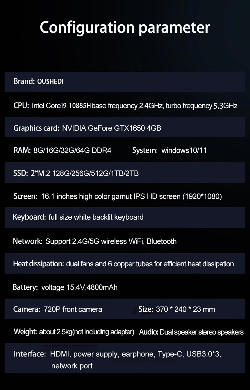 2026 New Gaming Laptop Computer Intel Core i9-10885H i7 8750H GTX1650 4G 16.1 Inch IPS Screen RAM Max 64GB 2*DDR4 2*M.2 NVMe