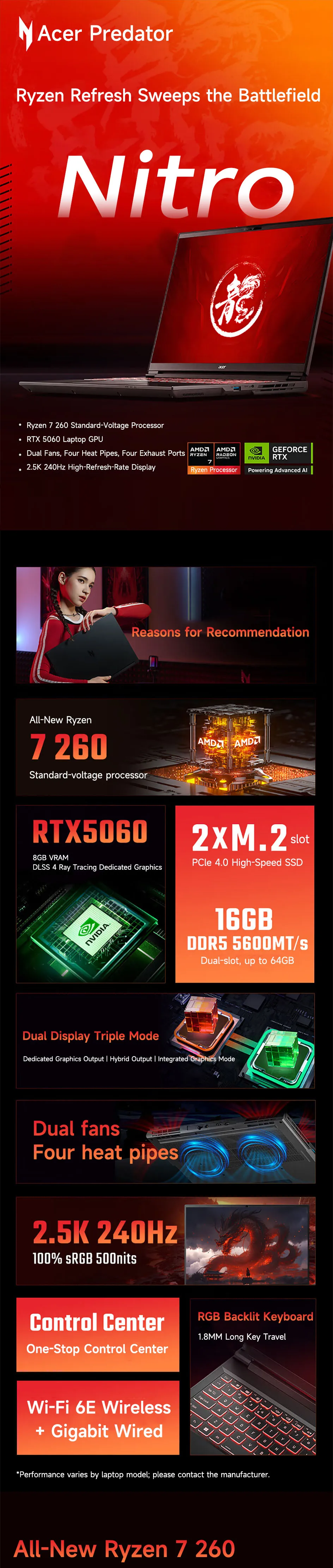 2026 Acer Nitro Gaming Laptop 16 Inch 2.5K 240Hz IPS Screen Notebook AMD Ryzen R7-260H 32GB 1TB RTX5060 Gaming Netbook Computer