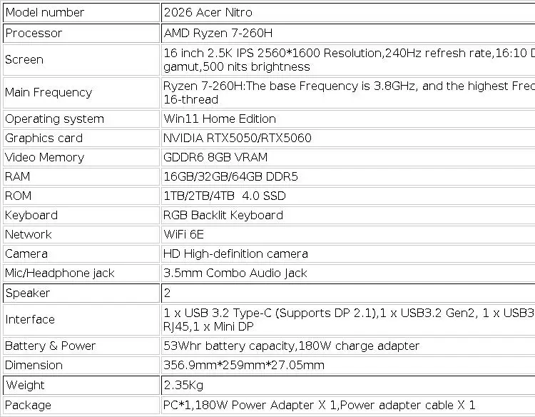 2026 Acer Nitro Gaming Laptop 16 Inch 2.5K 240Hz IPS Screen Notebook AMD Ryzen R7-260H 32GB 1TB RTX5060 Gaming Netbook Computer