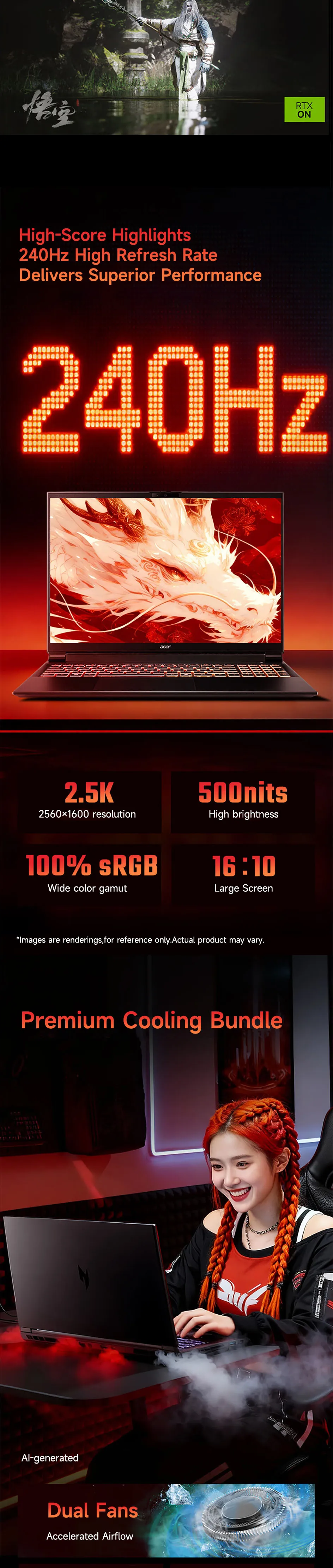 2026 Acer Nitro Gaming Laptop 16 Inch 2.5K 240Hz IPS Screen Notebook AMD Ryzen R7-260H 32GB 1TB RTX5060 Gaming Netbook Computer