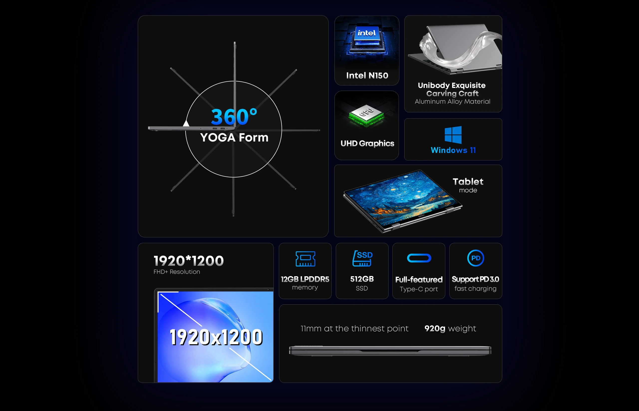 CHUWI MiniBook X Laptop Tablet 2 In 1 Intel U300/N150 10.51" FHD IPS Screen 16GB / 12GB RAM 512G SSD Windows 11 Notebook PC