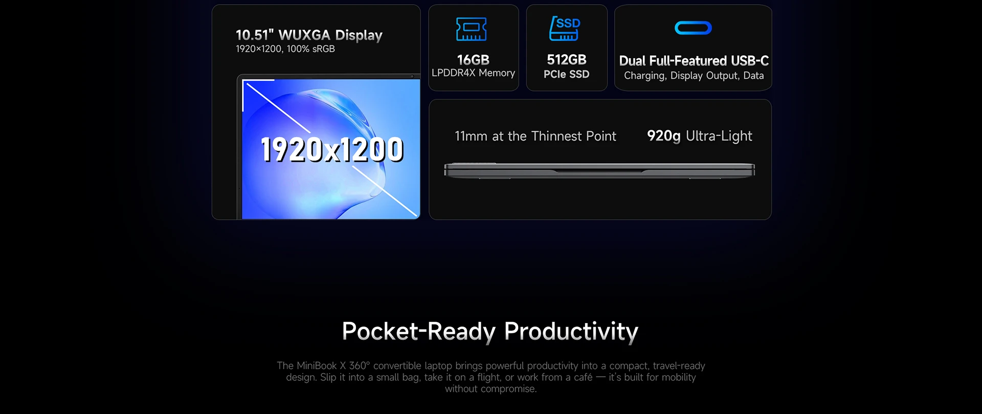 CHUWI MiniBook X Laptop Tablet 2 In 1 Intel U300/N150 10.51" FHD IPS Screen 16GB / 12GB RAM 512G SSD Windows 11 Notebook PC