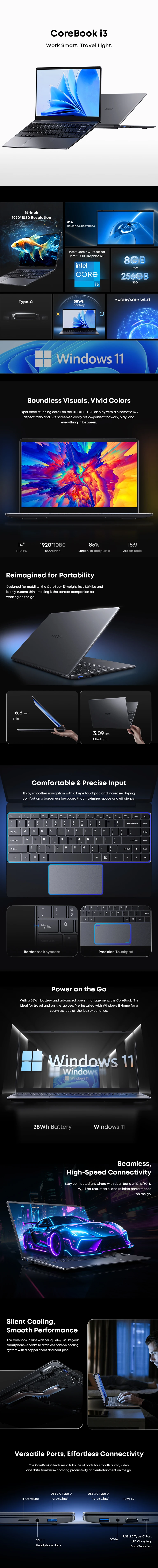 CHUWI CoreBook i3 10100Y Laptop 8GB RAM 256GB SSD 14-inch Screen UHD Graphics 615 Intel i3 Processors Windows 11 Notebook PC