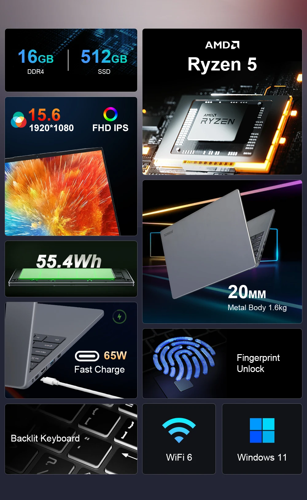 Ninkear A15 Laptop AMD Ryzen 5 5500U 16GB RAM 512GB SSD 15.6 inch IPS Metal Body Windows 11 WiFi6 Fingerprint 65W Fast Charge Business Office Gaming Notebook