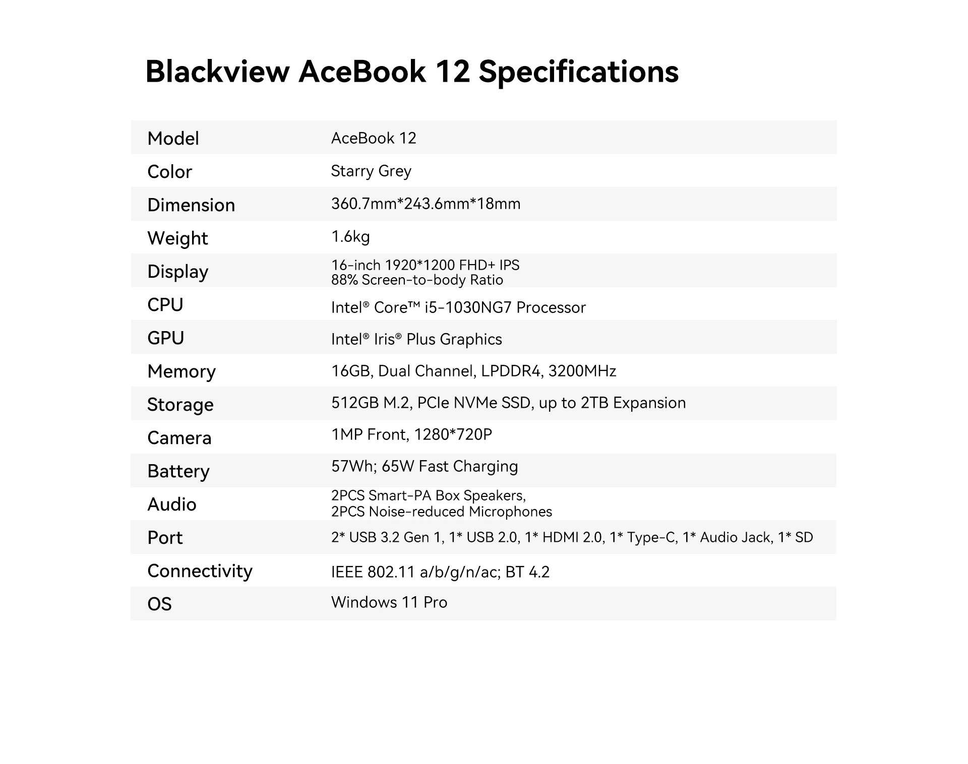 Blackview Laptop Acebook 12, Laptop 16 Inch, 16GB DDR4, 512GB SSD, Windows 11 Pro, Intel Core I5-1030NG7, 57Wh Battery, Notebook