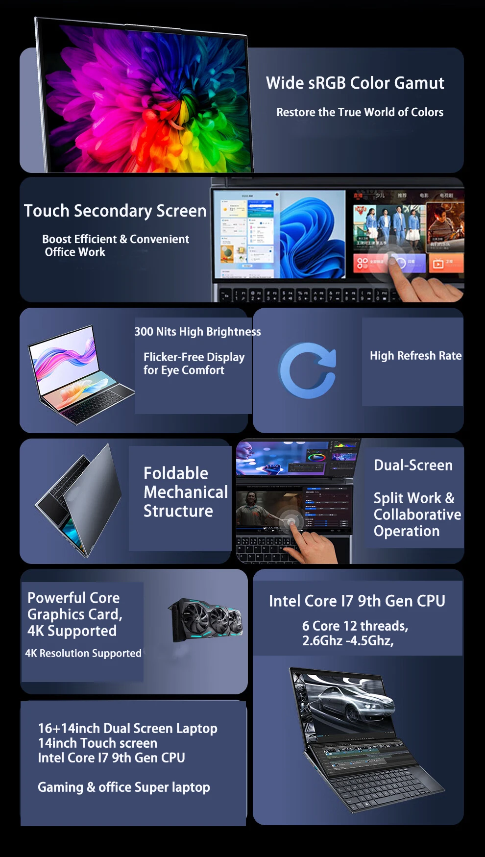 Dual-screen Laptop 14 inch Touch LCD 16GB/8GB RAM 1TB/512GB SSD I7 9th Generation 6 Cores Gaming Laptops Notebook