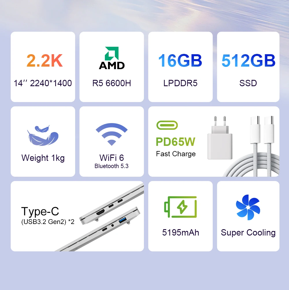 Ninkear 14 Inch Laptop AMD Ryzen 5 6600H 16GB LPDDR5 RAM 512GB SSD 2.2K IPS Display 100% sRGB Ultra Slim 1KG Notebook PC WiFi 6 Bluetooth 5.3 Fingerprint Unlock PD65W Fast Charge Metal Body