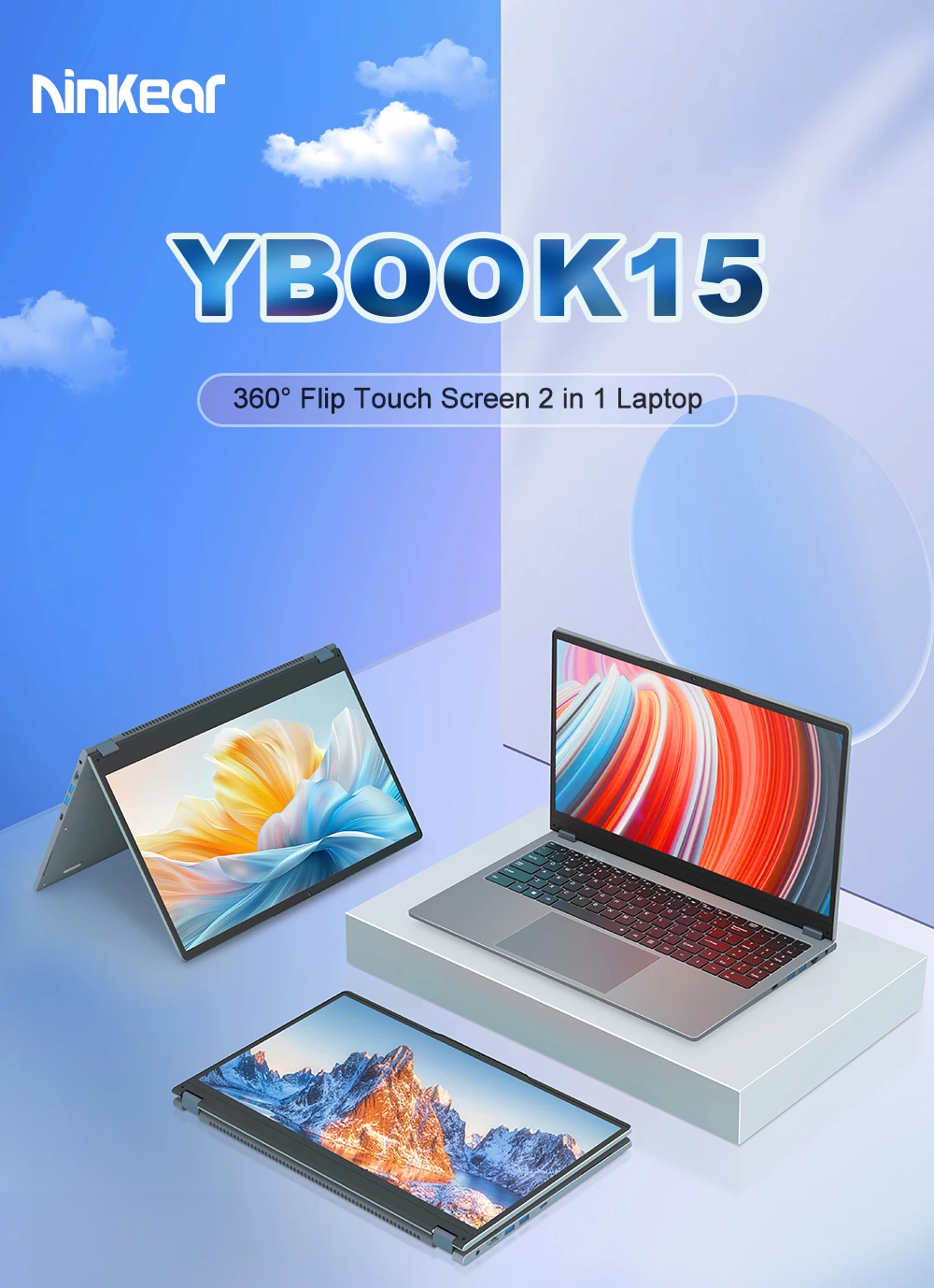 Ninkear YBook15 15.6 inch 2 in 1 laptop pc computer 360 convertible touchscreen Windows 11 16GB RAM 512GB SSD Ryzen 3 3200U ultrabook portable laptop notebook FHD IPS for work study office