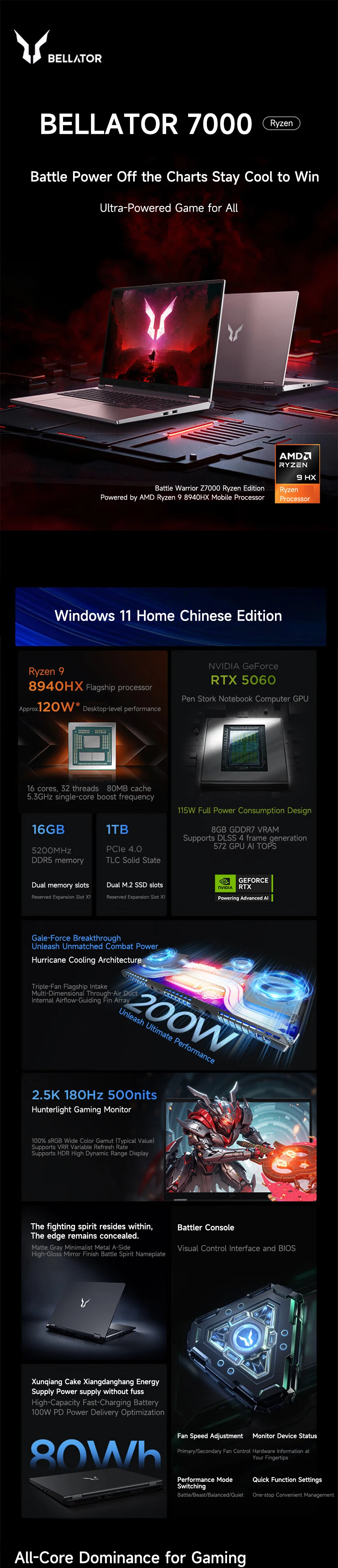 Lenovo Lecoo BELLATOR 7000 2025 Gaming Laptop 16-Inch 2.5K 180Hz Screen R9-8940HX/R9-8945HX 16G/32GB RTX5060/RTX5070 Notebook PC