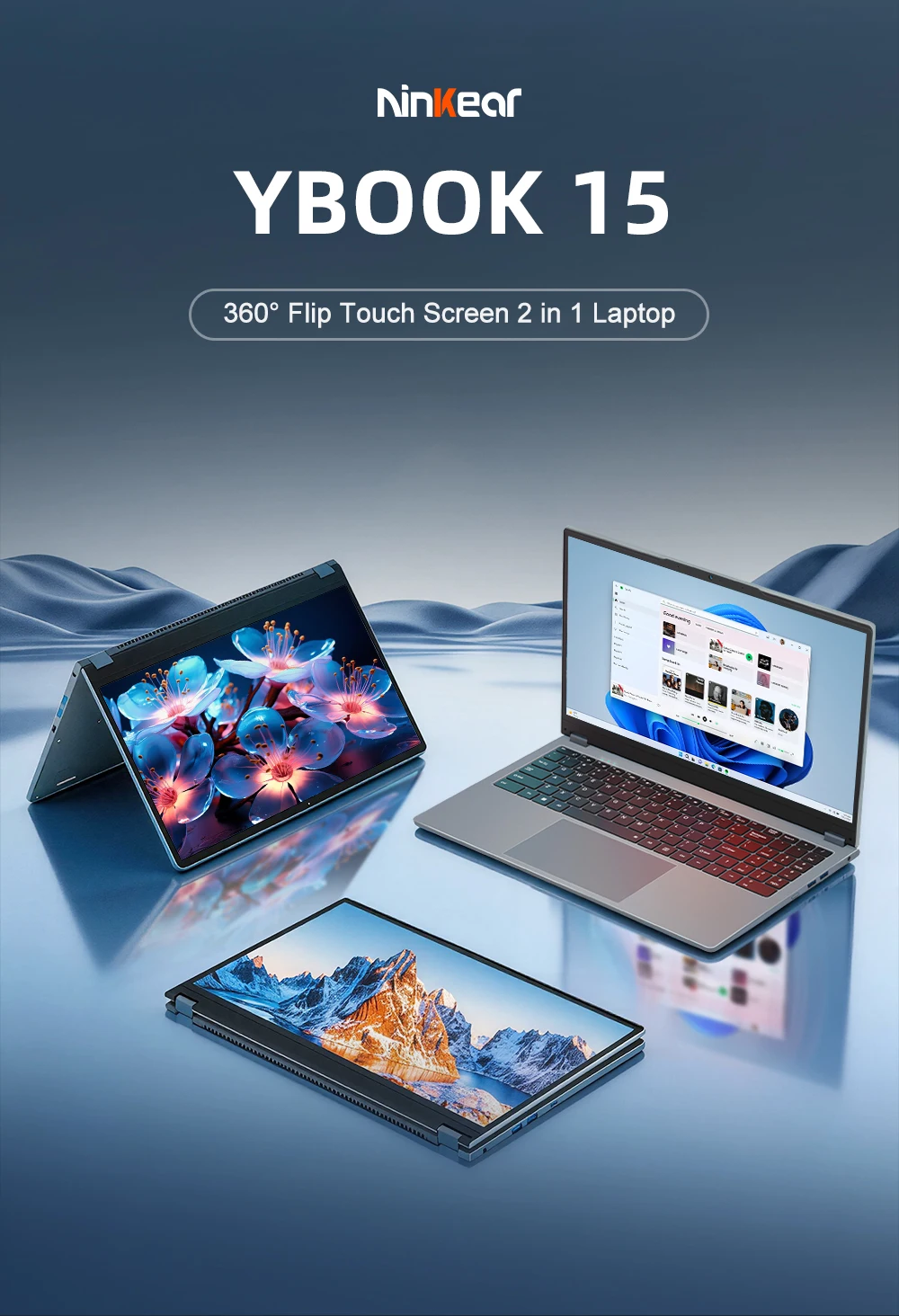 Ninkear YBook 15 Laptop 2 in 1, 15.6 Inch Full HD Display AMD Ryzen 3 3250U 16GB RAM 512GB SSD Windows 11 360° Touchscreen 2 in 1 Convertible Notebook Backlit Keyboard for Business Home Office Study and Everyday Multitasking