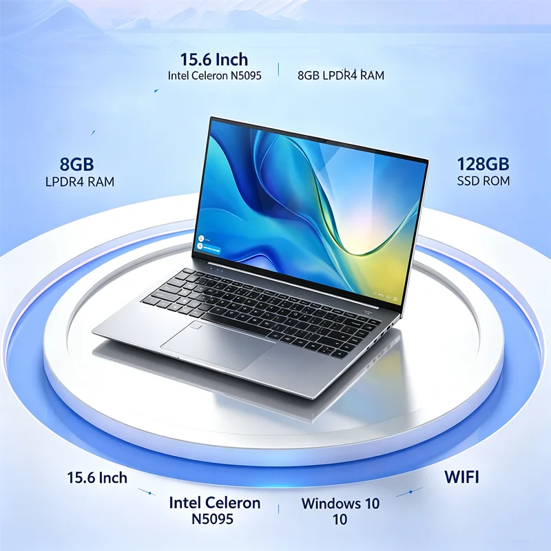 15.6 Inch Laptop PC 8GB LPDDR4 RAM 128GB SSD ROM Windows 10 Computer 4-Core Processor WIFI Intel Celeron N5095 CPU 2.00GHz