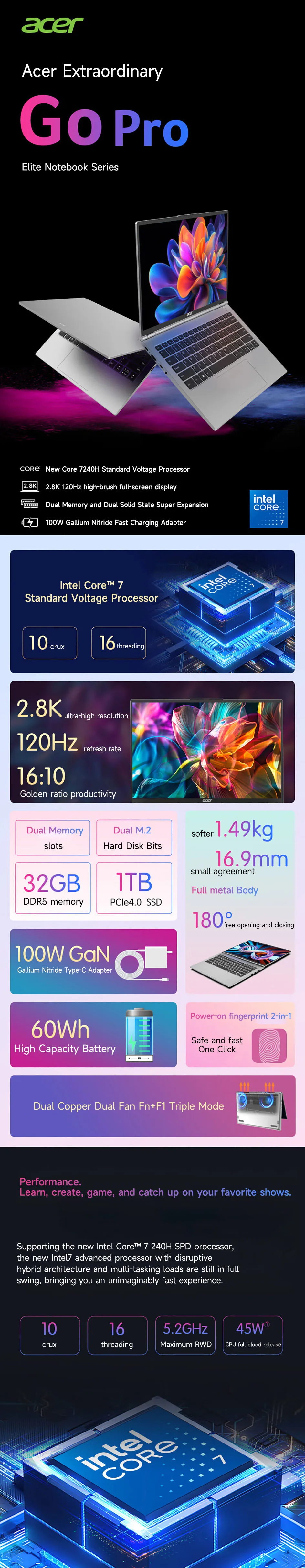 2025 Acer Extraordinary Go Pro Laptop 14 Inch 2.8K 120Hz IPS Screen Notebook Intel Core 7-240H 32GB 1TB Intel Graphics Netbook