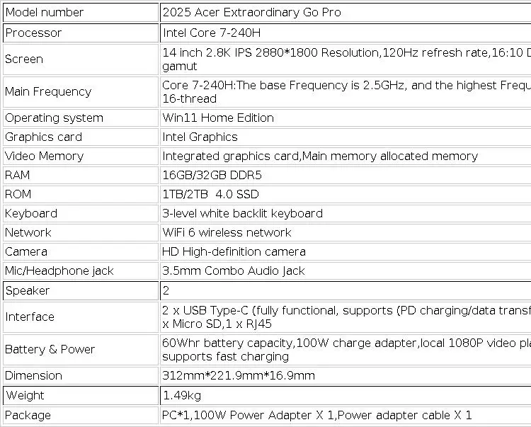 2025 Acer Extraordinary Go Pro Laptop 14 Inch 2.8K 120Hz IPS Screen Notebook Intel Core 7-240H 32GB 1TB Intel Graphics Netbook