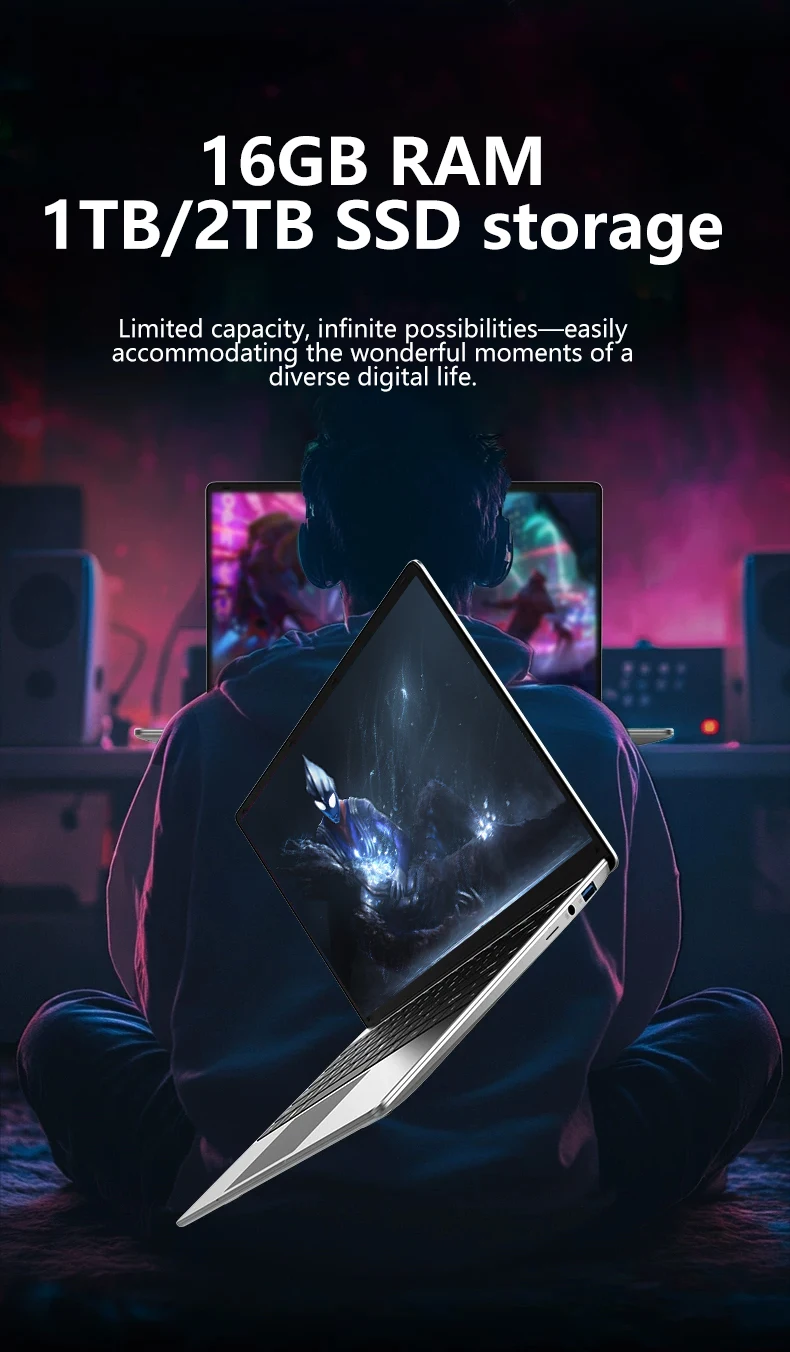 NAIWO 14.1"Laptop Ultra Slim Windows11 Pro 16GB 2TB SSD Gamer Notebook Intel 4405U 1920*1080 Display Office Study Computer PC