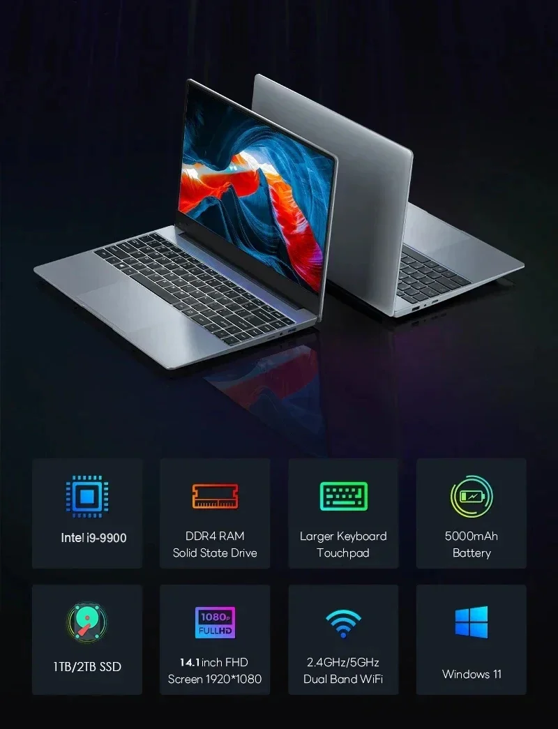 LENO 14.1" Ultra Slim Laptop 32GB 2TB Gaming Computer PC Intel Core i9-9900 Windows11 Gamer office Ultra Slim Notebook 1080P HD
