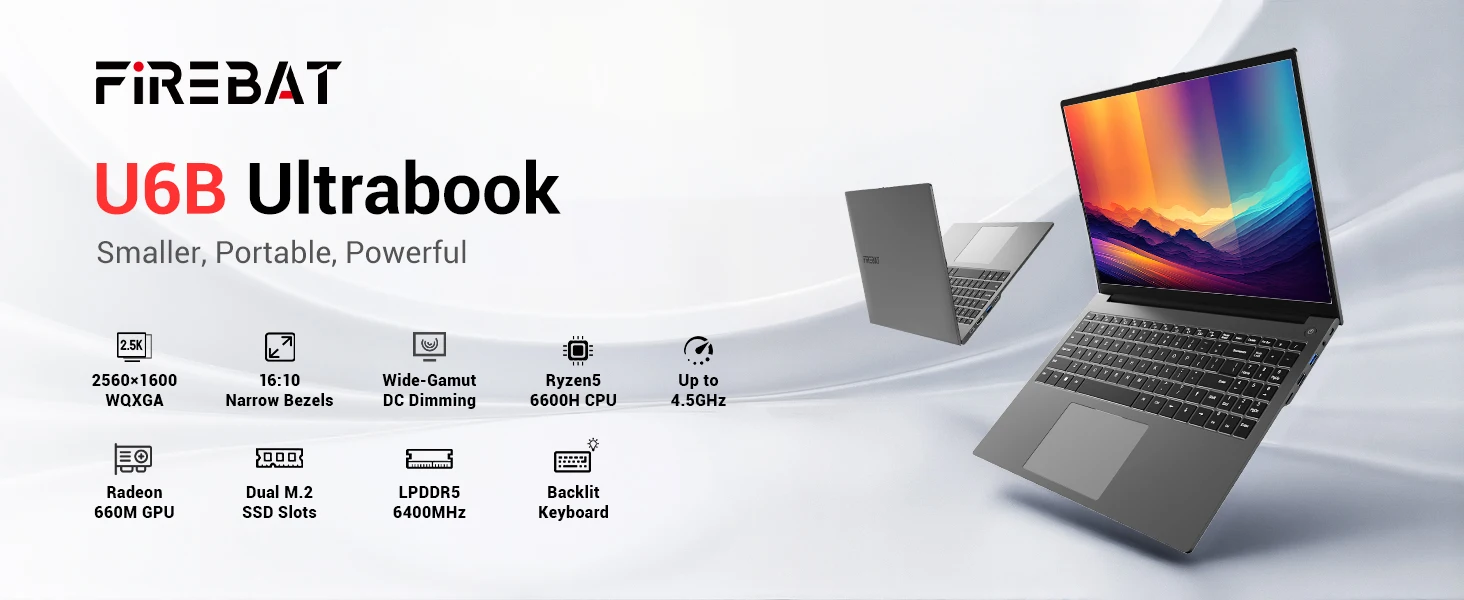FIREBAT U6B Laptop AMD Ryzen5 6600H LPDDR5 16GB RAM 512GB SSD English Keyboad WiFi6 BT5.2 16inch 2.5K 120Hz Windows11 Computer