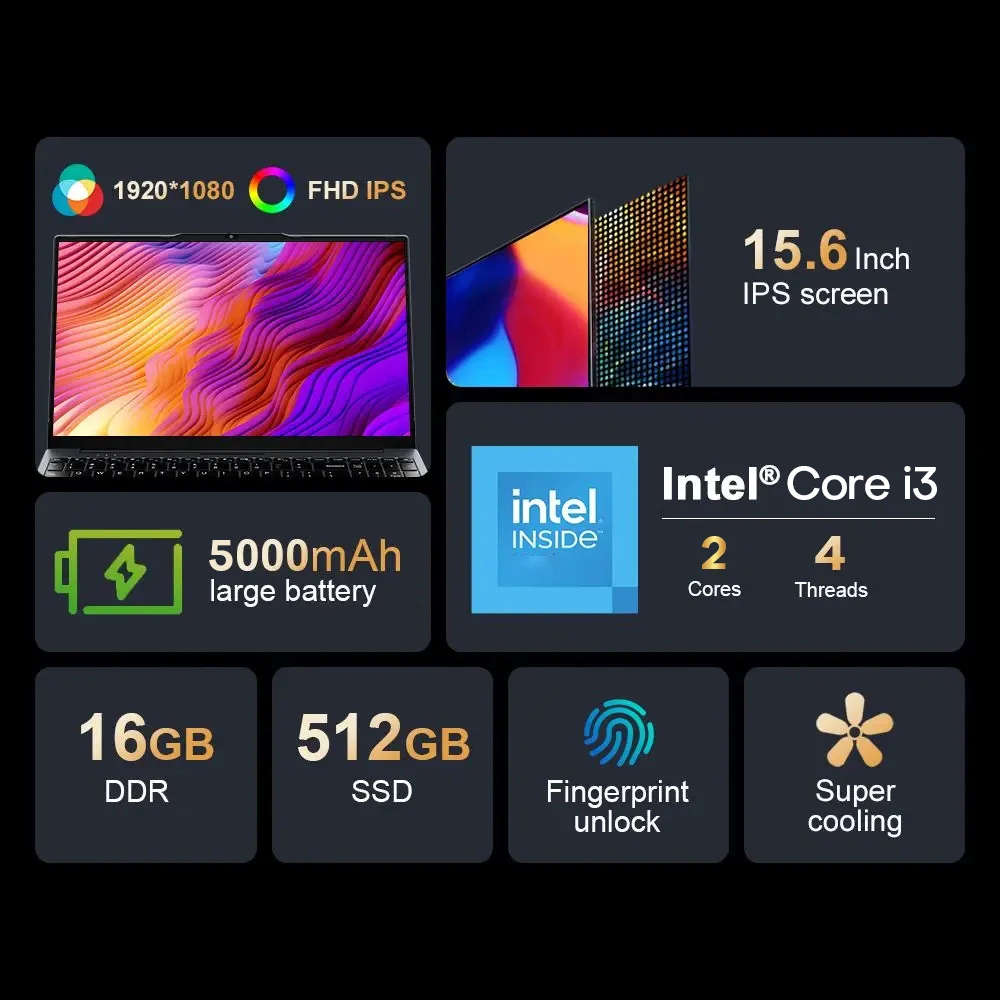 Xiaman 2026 15.6" Portable Laptop Computer 16Gb Ram 1Tb Ssd Intel Core I3 Office Windows 11 Notebook Pc with Backlit Fingerprint