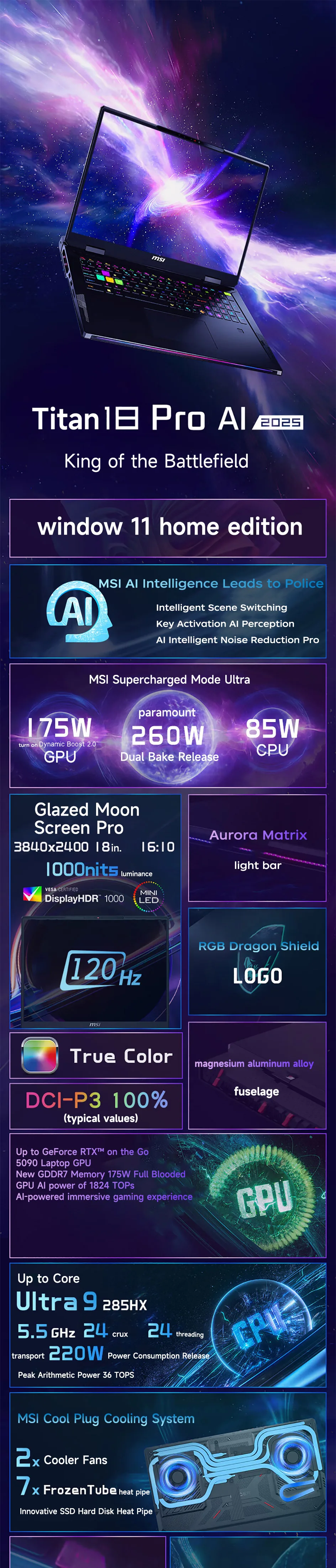 2025 MSI Raider 18 HX AI Gaming Laptop 18 Inch 4K Mini LED 120Hz UHD+ Screen Netbook Ultra 9-285HX RTX5080 64GB 4TB Notebook PC