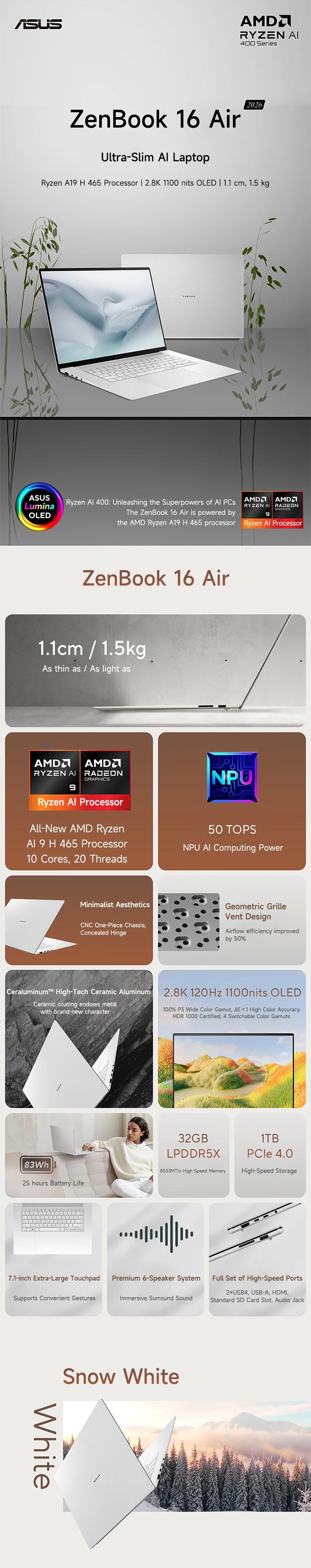 2026 ASUS ZenBook 16 Air Laptop AMD Ryzen AI9 H465 32GB 1TB/2TB 2.8K 120Hz 1100nits OLED AI Ultra-Slim Notebook Computer