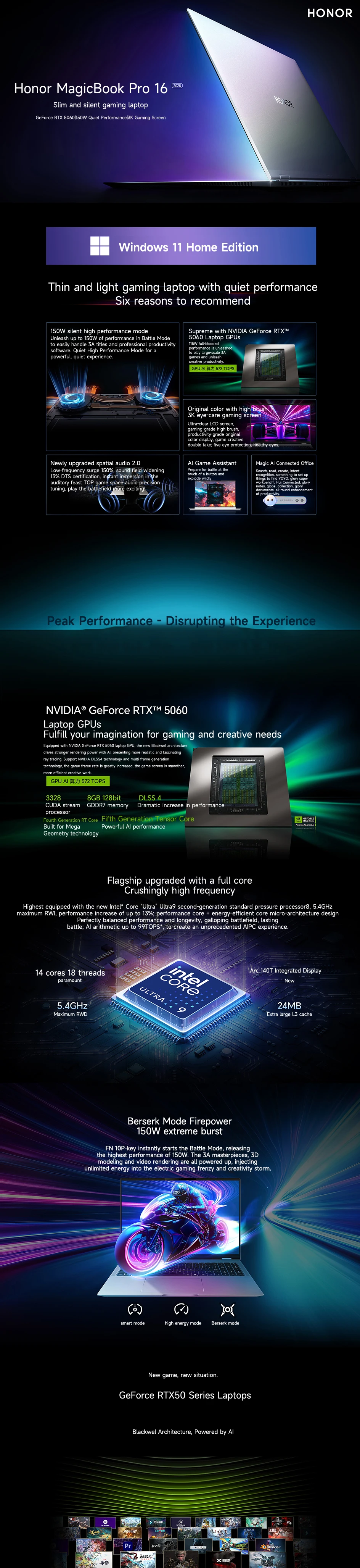 Honor Laptop MagicBook Pro16 2025 HUNTER Ultra 5 225H/Ultra 9 285H 32GB RTX5060/RTX5070 3K Gaming Screen 165Hz Gaming Book