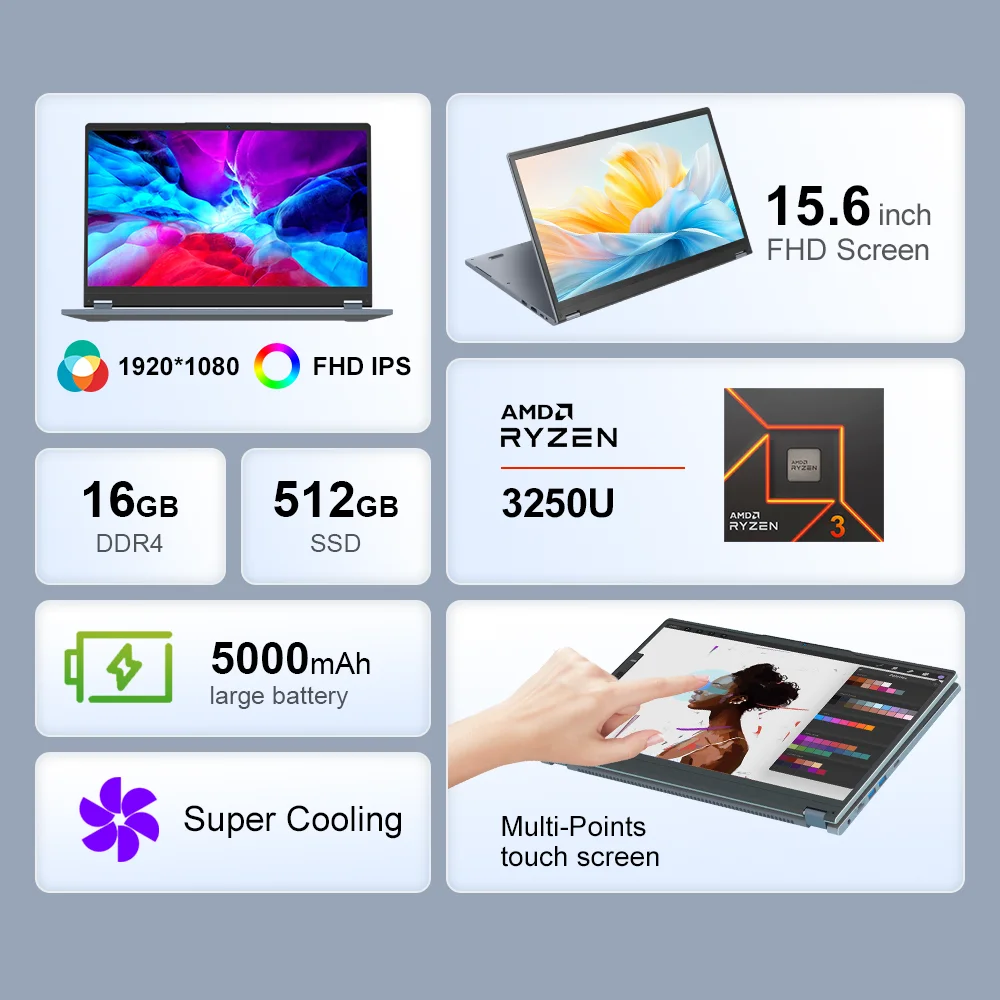 Ninkear YBOOK15 15.6 Inch 2-in-1 Laptop AMD Ryzen 3 3250U 16GB DDR4 RAM 512GB SSD Convertible Notebook 360° Flip Touchscreen FHD Display Radeon Vega 3 Graphics USB-C HDMI WiFi Bluetooth Portable Windows Laptop